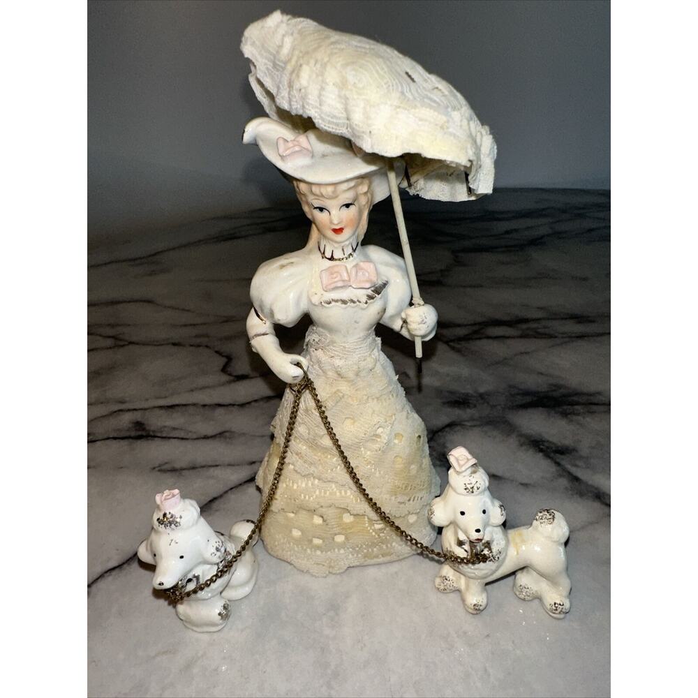 VTG '50s Victorian Lady 2 Poodle Dogs Pups Chain Ceramic Figurines Arnart Chic